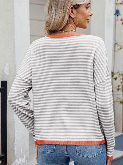 Striped Contrast Round Neck Long Sleeve Sweater for Women - Selvanelle