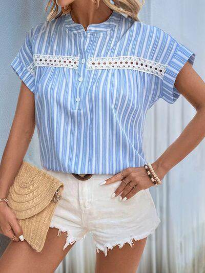 Perfee Half Button Striped Short Sleeve Blouse for Women - Selvanelle