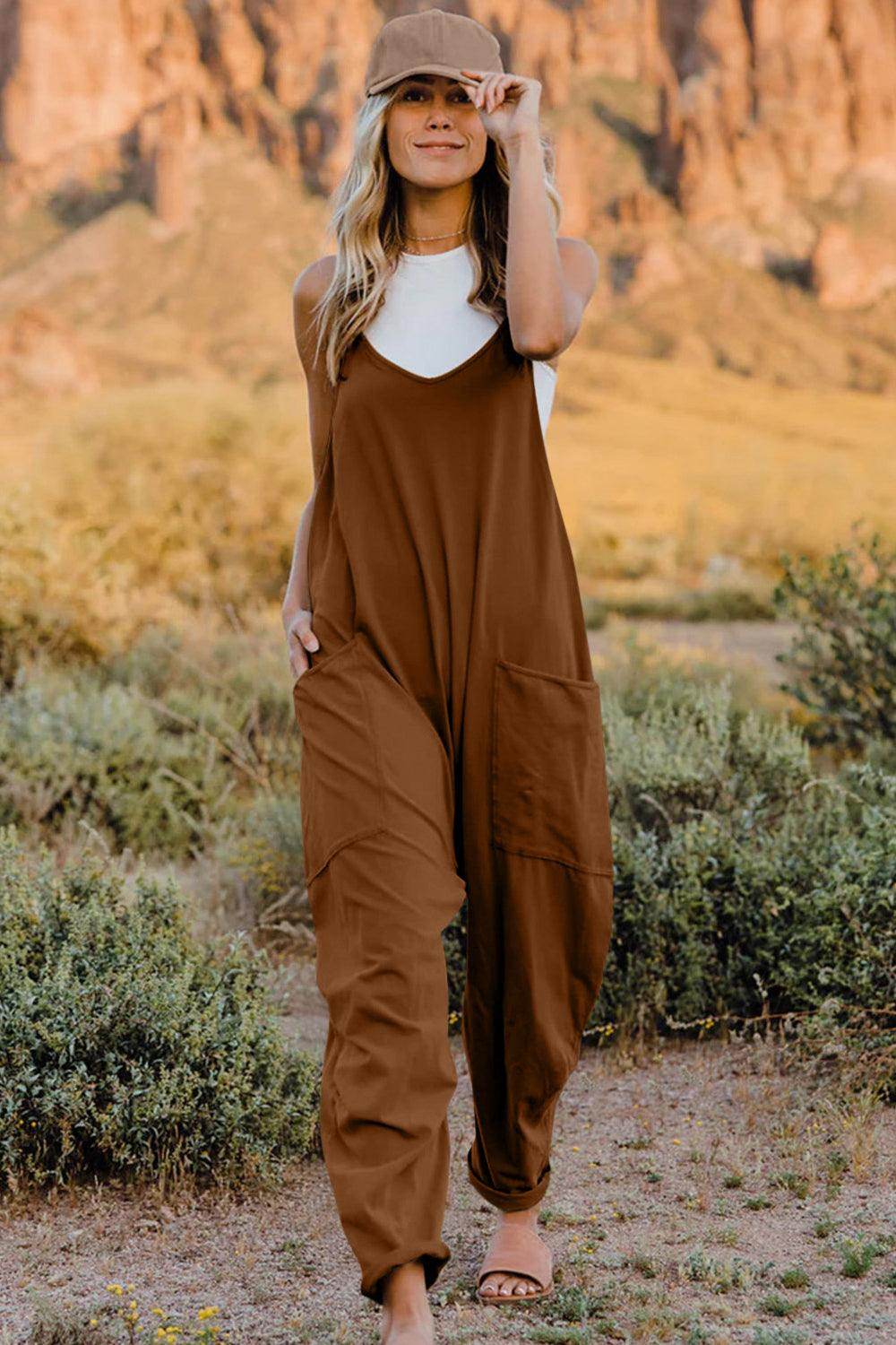 Double Take Full Size V-Neck Sleeveless Jumpsuit with Pockets - Selvanelle