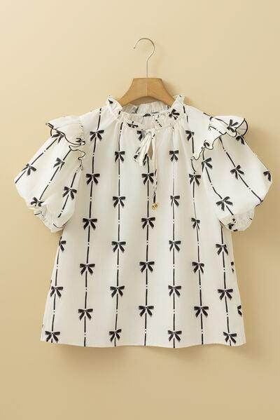 Bow Print Tie Neck Short Sleeve Blouse for Women - Selvanelle