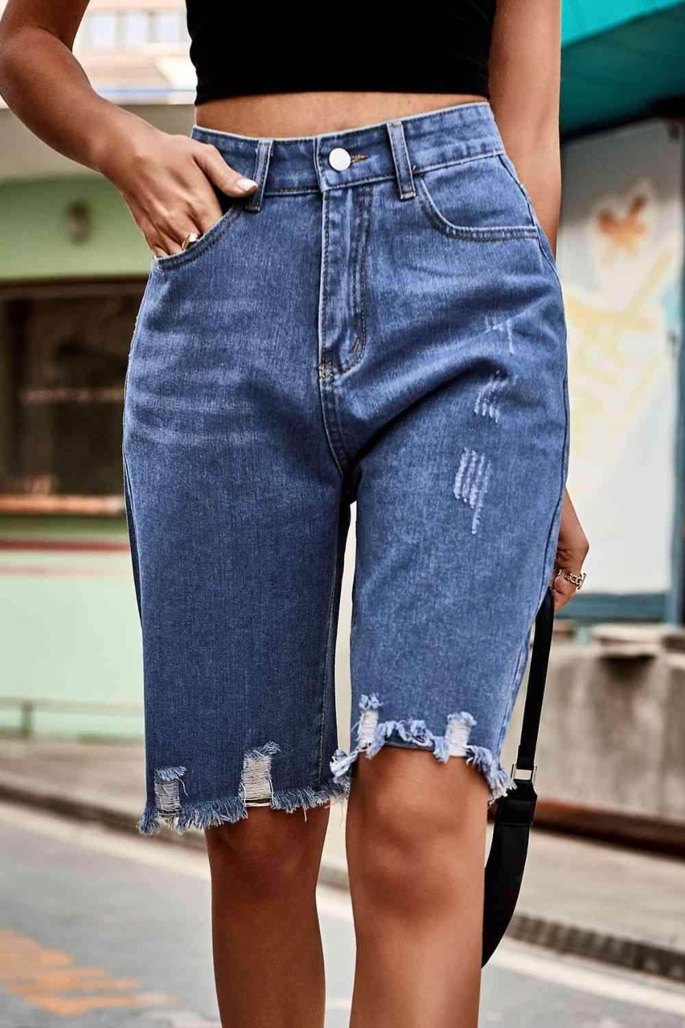 Raw Hem High Waist Denim Shorts with Pockets for Women - Selvanelle