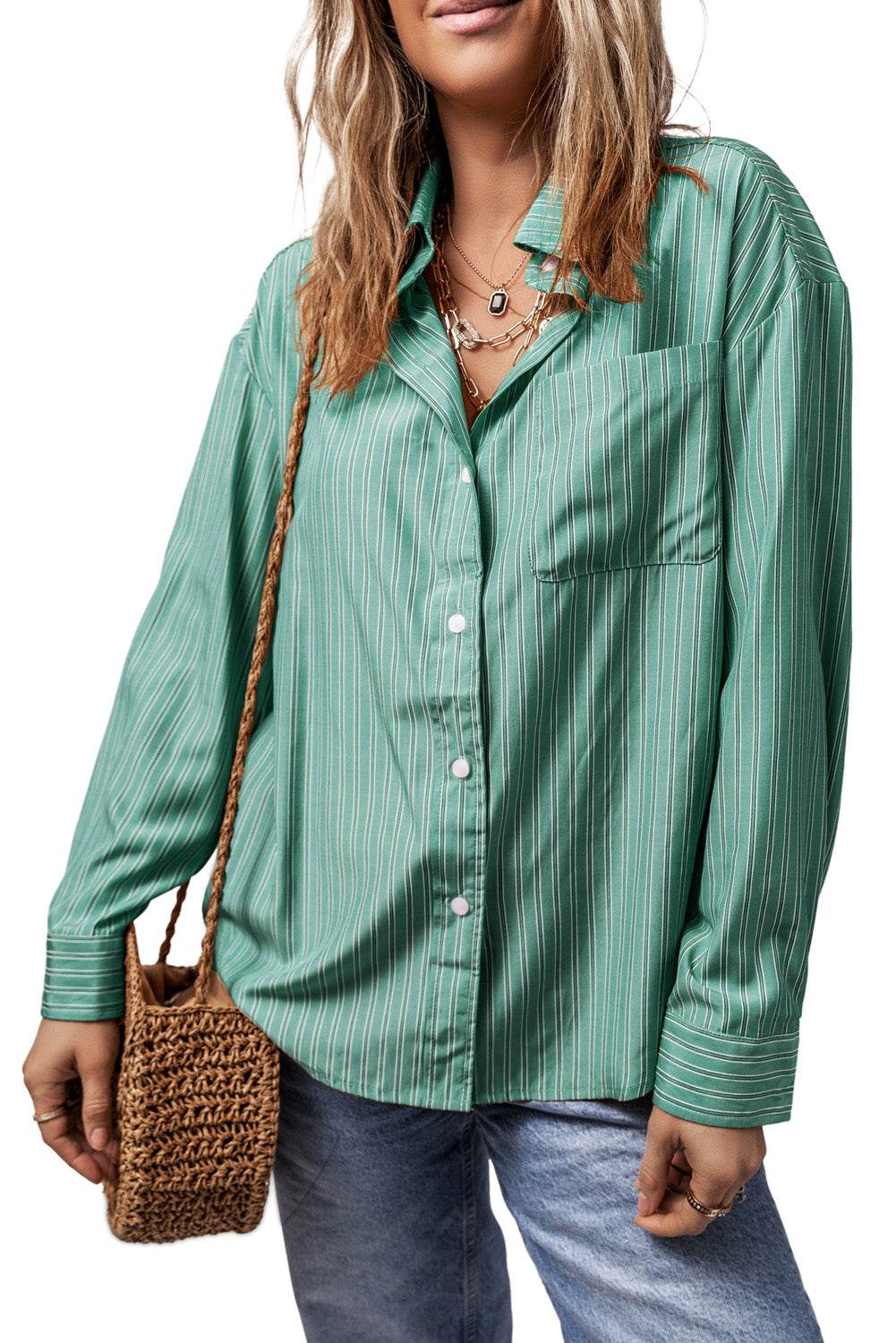 Striped Button Up Long Sleeve Shirt - Selvanelle