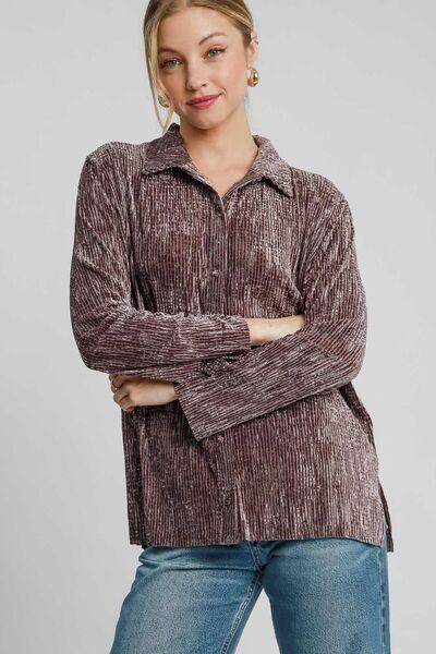 Umgee Side Slit Texture Button Up Shirt for Stylish Looks - Selvanelle