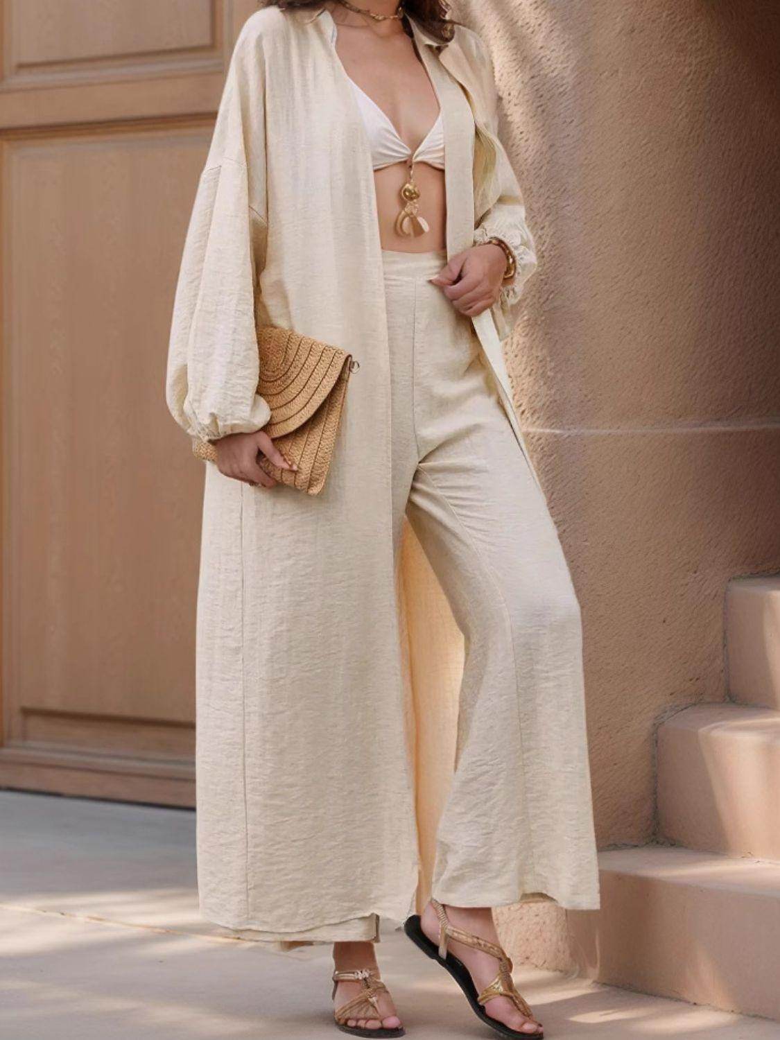 Open Front Balloon Sleeve Cardigan and Pants Set for Women - Selvanelle