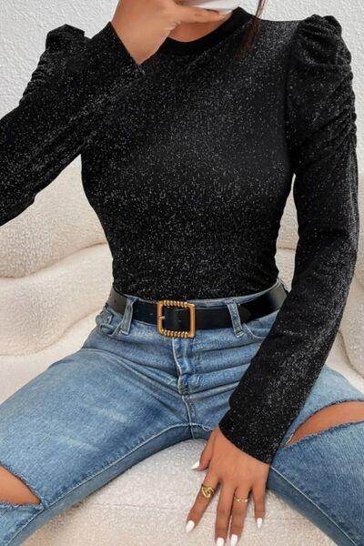 Metallic Round Neck Puff Sleeve Blouse for Stylish Elegance - Selvanelle