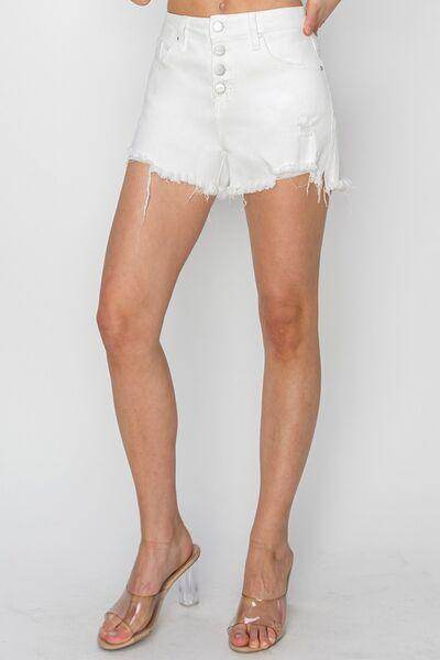 RISEN Button Fly Frayed Hem Denim Shorts for Women - Selvanelle