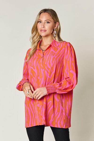 Double Take Full Size Printed Smocked Long Sleeve Blouse - Selvanelle