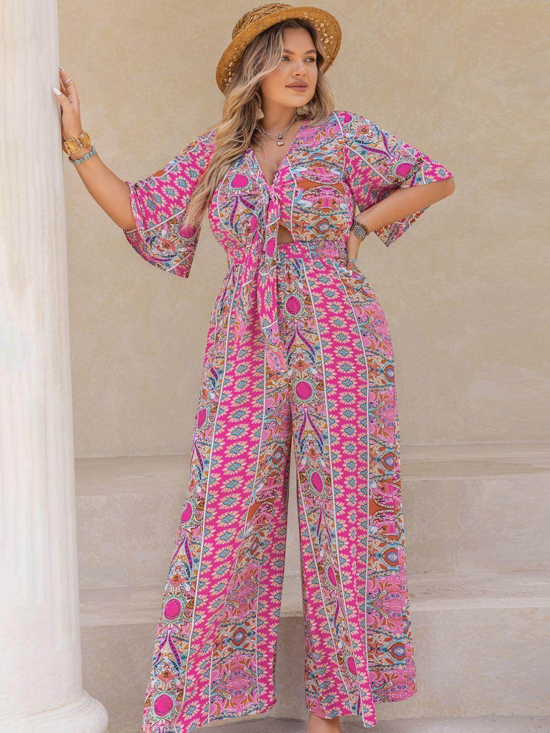 Plus Size Printed Half Sleeve Wide Leg Jumpsuit for Women - Selvanelle