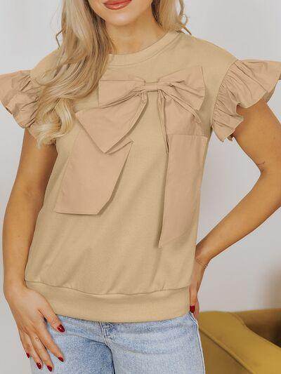 Bow Ruffled Round Neck Cap Sleeve Blouse for Women - Selvanelle