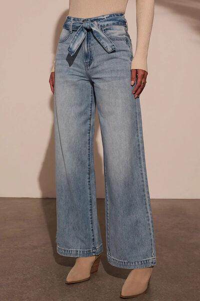 Tied Wide Leg Jeans with Pockets for Stylish Comfort - Selvanelle