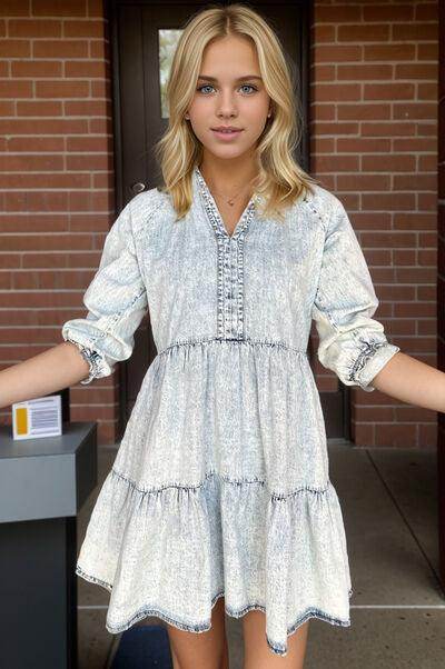 V-Neck Half Sleeve Mini Denim Dress for Casual Style - Selvanelle