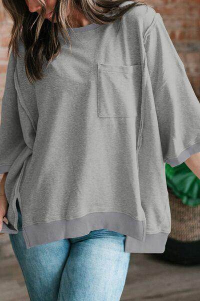 Exposed Seam Side Slit Round Neck Top for Women - Selvanelle