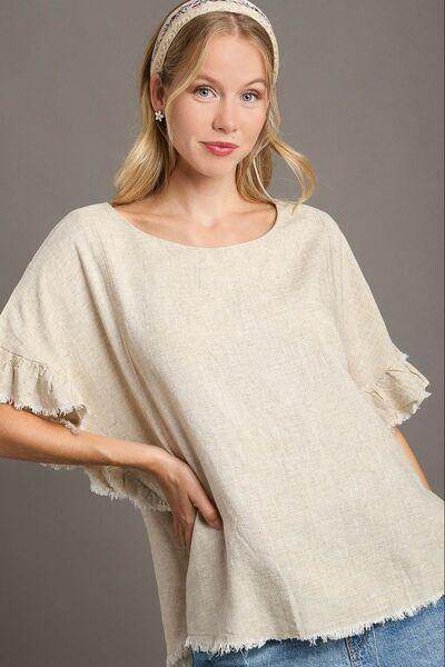 Umgee Full Size Raw Hem Ruffle Short Sleeve Blouse Plus Size - Selvanelle