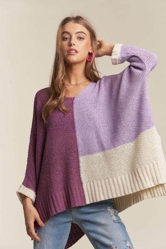 ADORA Side Slit Color Block Long Sleeve Sweater for Women - Selvanelle