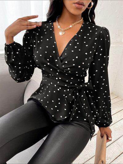 Heart Print Surplice Balloon Sleeve Blouse for Women - Selvanelle