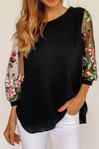 Floral Embroidered Sleeve Round Neck Blouse for Women - Selvanelle