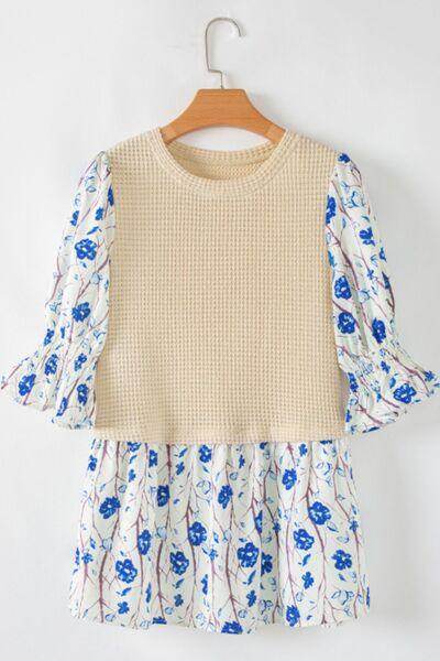 Waffle-Knit Printed Round Neck Flounce Sleeve Blouse for Women - Selvanelle