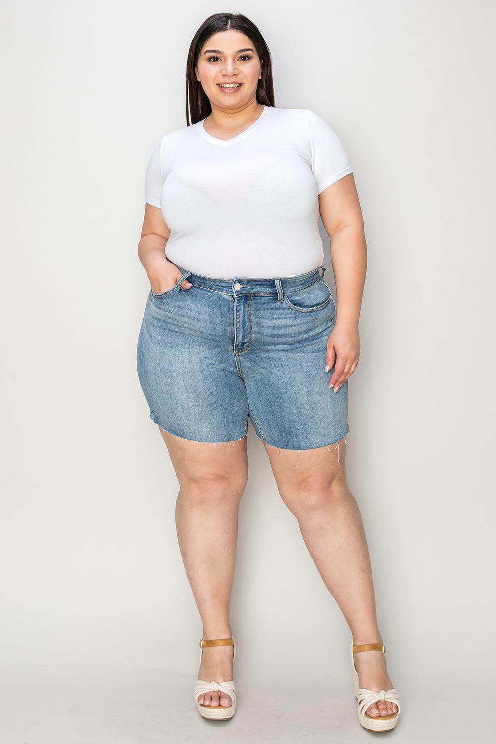 Judy Blue Full Size High Waist Raw Hem Denim Shorts for Women - Selvanelle