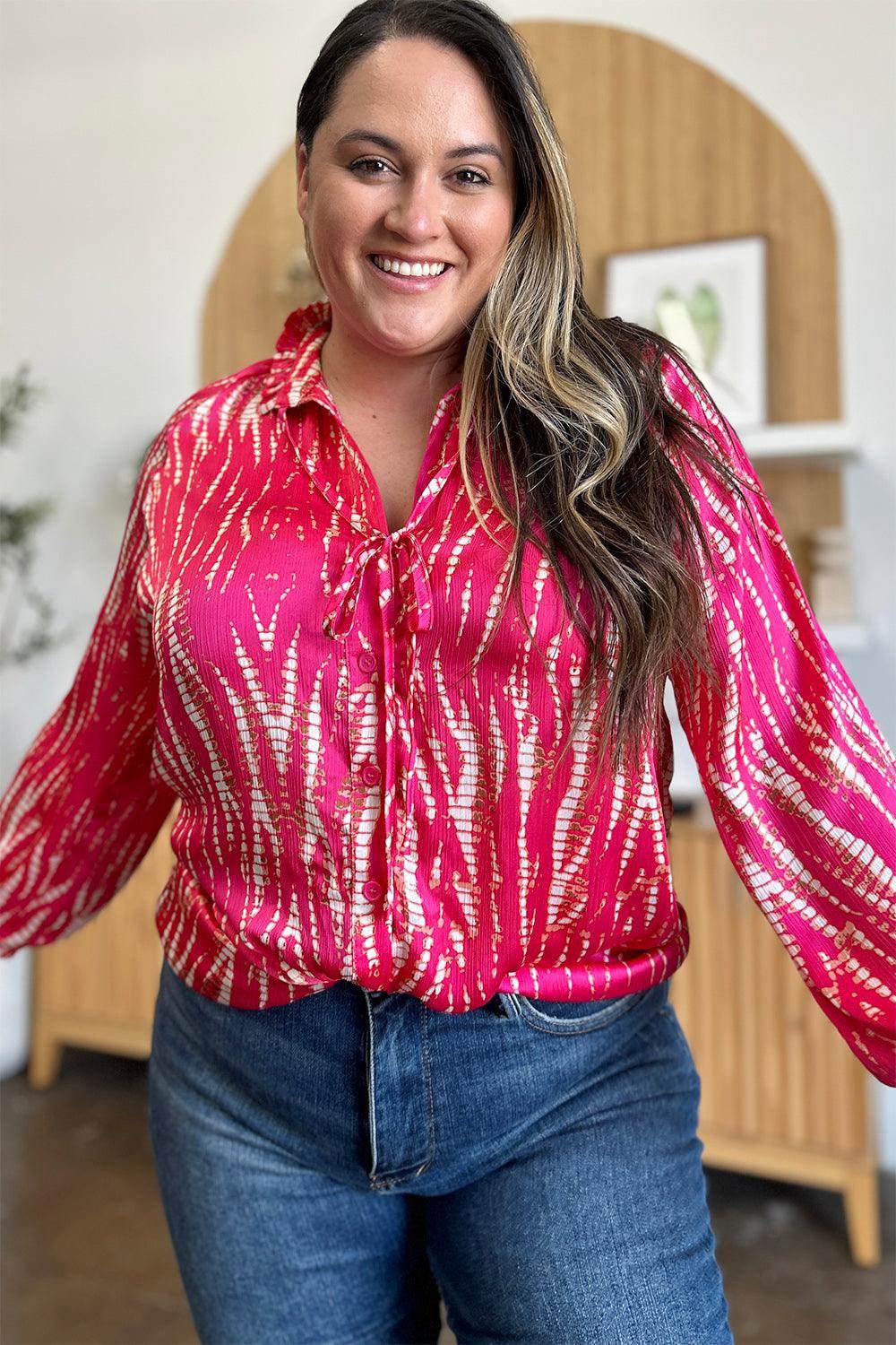 Double Take Full Size Printed Button Up Long Sleeve Shirt - Selvanelle