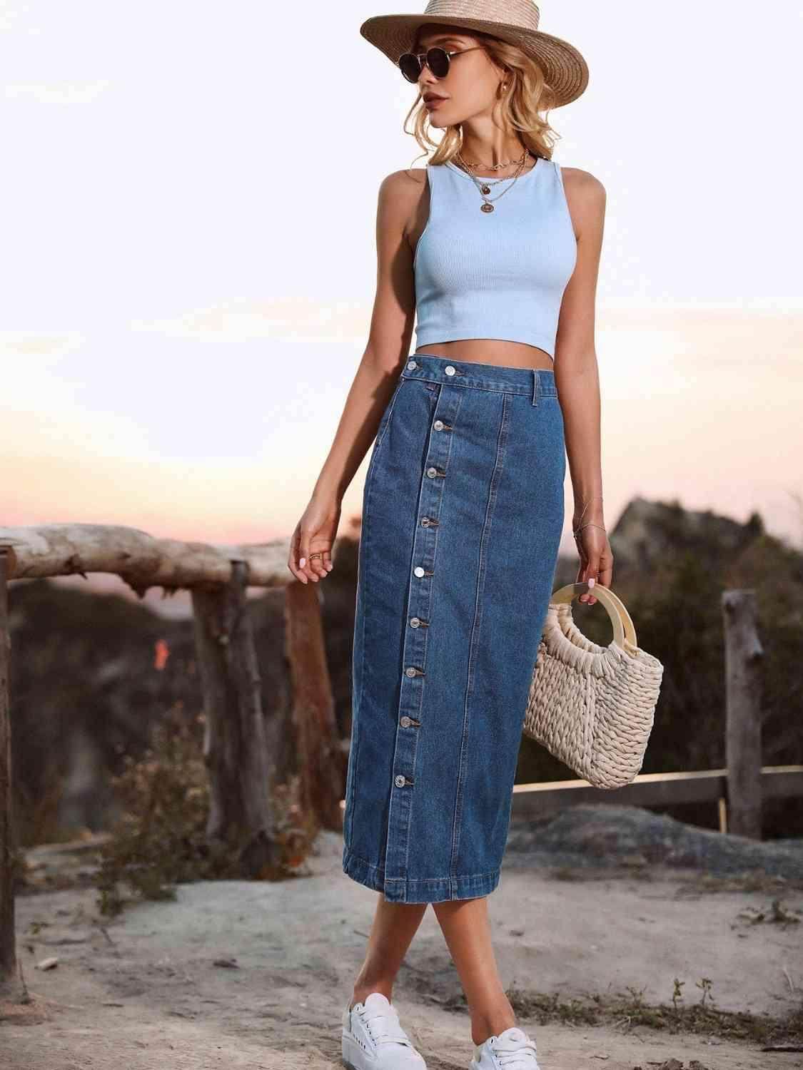 Button Down Denim Skirt for Women in Various Sizes - Selvanelle