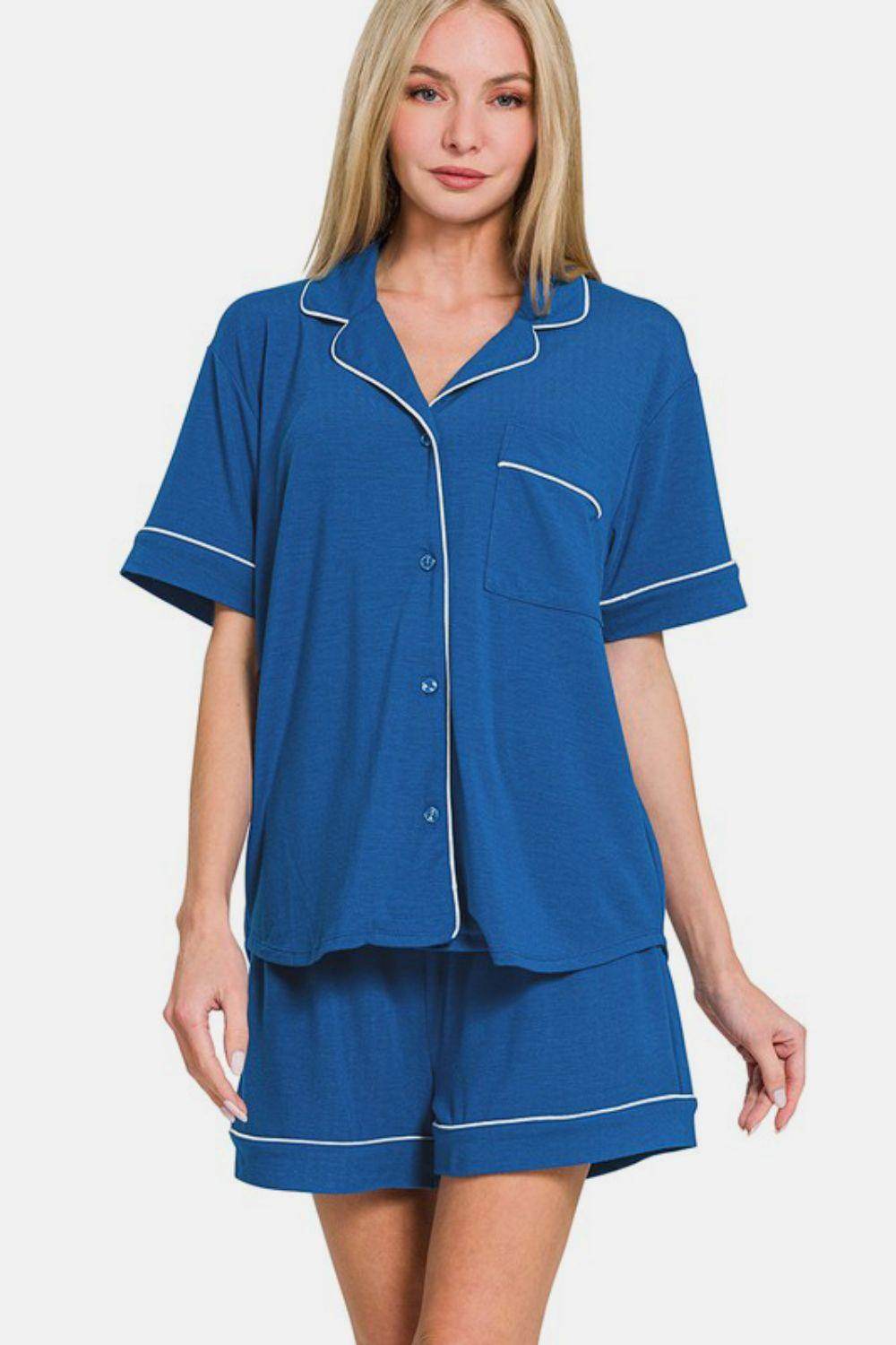 Zenana Button Down Short Sleeve Top and Shorts Lounge Set - Selvanelle