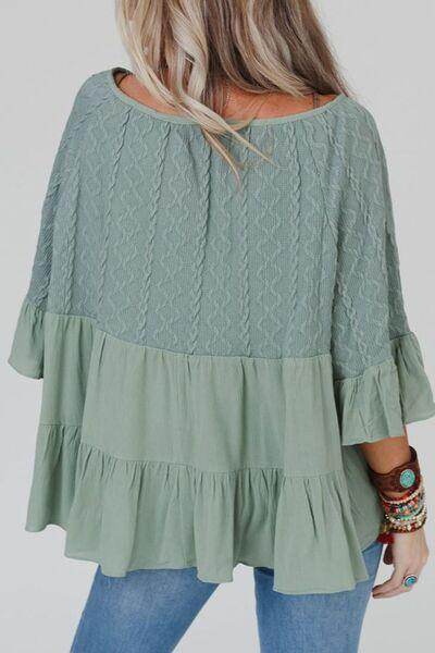 Ruffled Tie Neck Three-Quarter Sleeve Blouse for Women - Selvanelle
