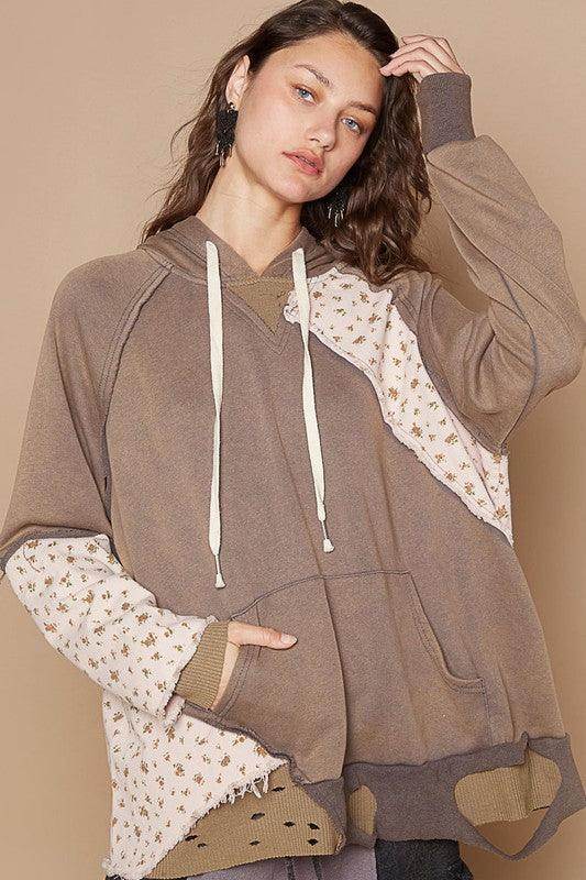POL Floral Patchwork Distressed Drawstring Hoodie for Women - Selvanelle