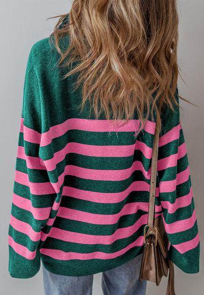 Contrast Striped Quarter Zip Long Sleeve Sweater for Women - Selvanelle