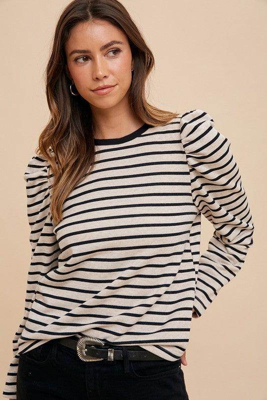 Annie Wear Striped Round Neck Puff Sleeve Top for Women - Selvanelle