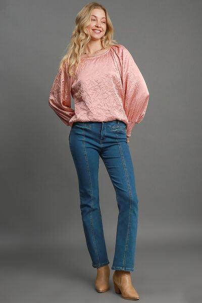 Umgee Wrinkled Round Neck Lantern Sleeve Blouse for Women - Selvanelle