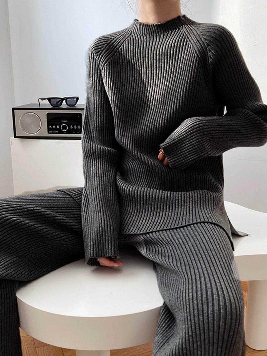 Mock Neck Raglan Sleeve Top and Pants Sweater Set for Women - Selvanelle