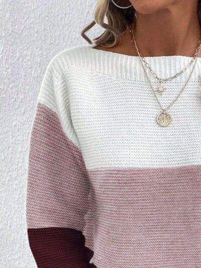 Color Block Boat Neck Sweater for Stylish Layering - Selvanelle