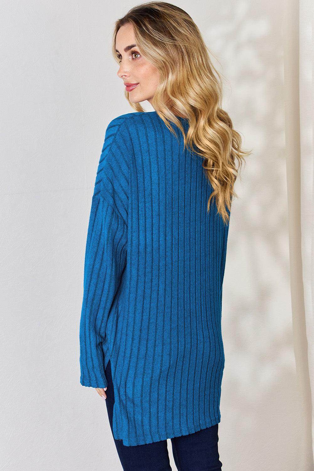 Basic Bae Full Size Ribbed Half Button Long Sleeve T-Shirt - Selvanelle