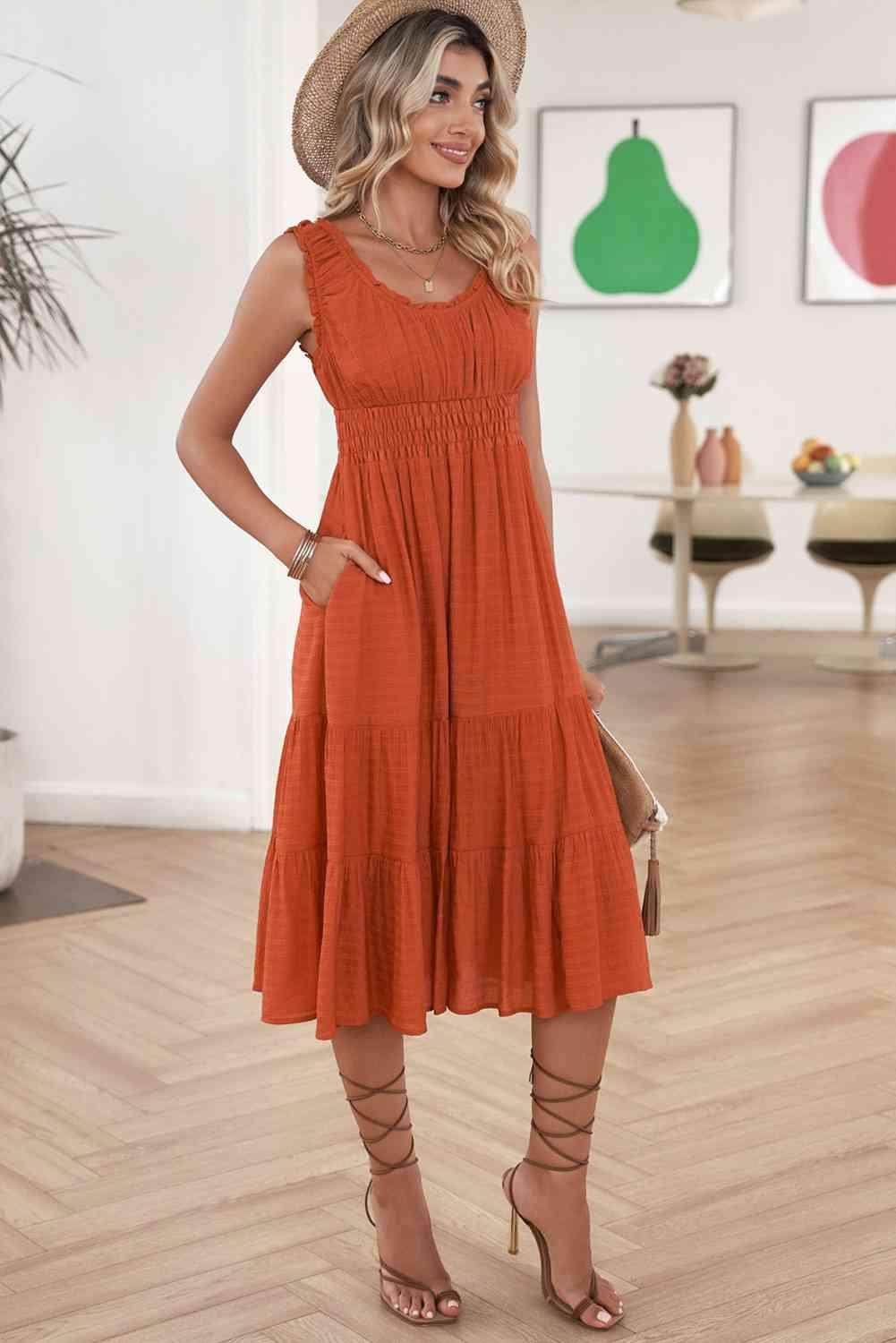 Smocked Waist Sleeveless Tiered Dress with Pockets Midi - Selvanelle