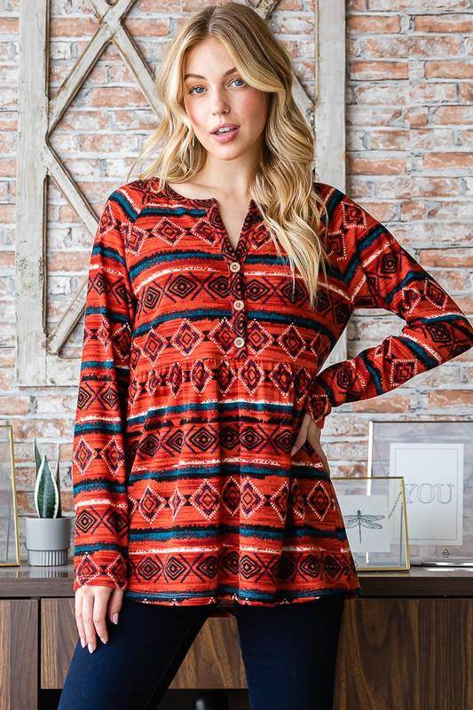 Heimish Full Size Geometric Button Detail Long Sleeve Top - Selvanelle