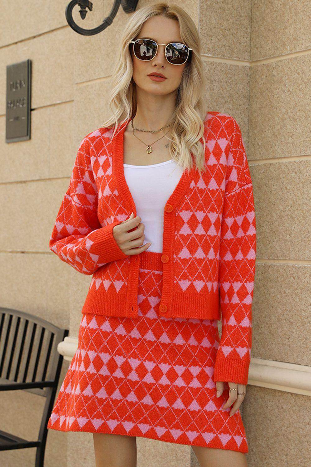 Geometric Dropped Shoulder Cardigan and Knit Skirt Set - Selvanelle
