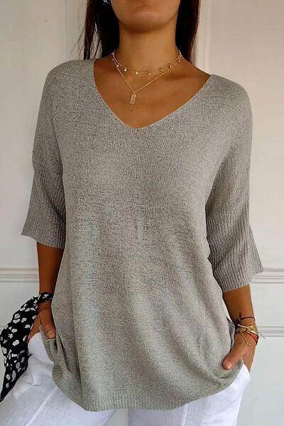 V-Neck Three-Quarter Sleeve Knit Top for Women Casual Wear - Selvanelle