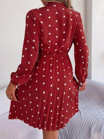 Polka Dot Tie Neck Pleated Dress for Stylish Occasions - Selvanelle