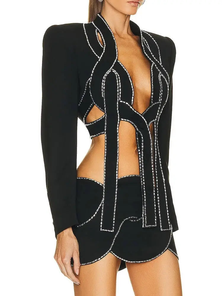 Girl’s Hollow Out Two-Piece Set – V-Neck Long Sleeve Top & High-Waist Embroidered Mini Skirt”