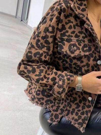 Raw Hem Leopard Collared Neck Denim Jacket for Women - Selvanelle