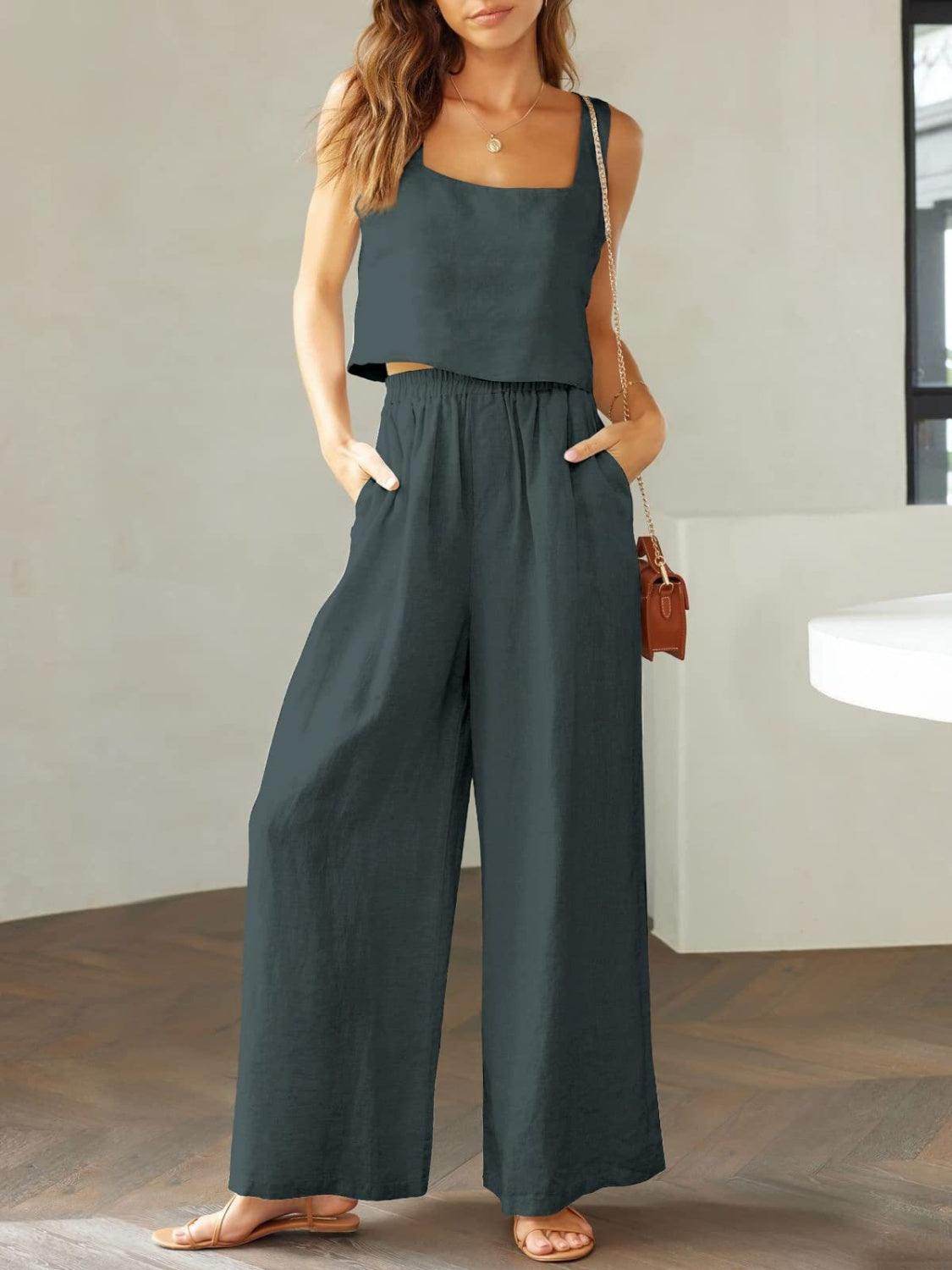 Square Neck Top and Wide Leg Pants Set for Women - Selvanelle