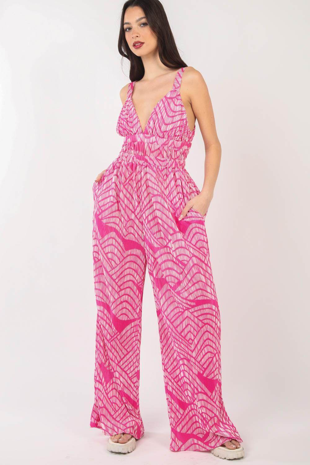 Very J Printed Pleated Sleeveless Wide Leg Jumpsuit - Selvanelle