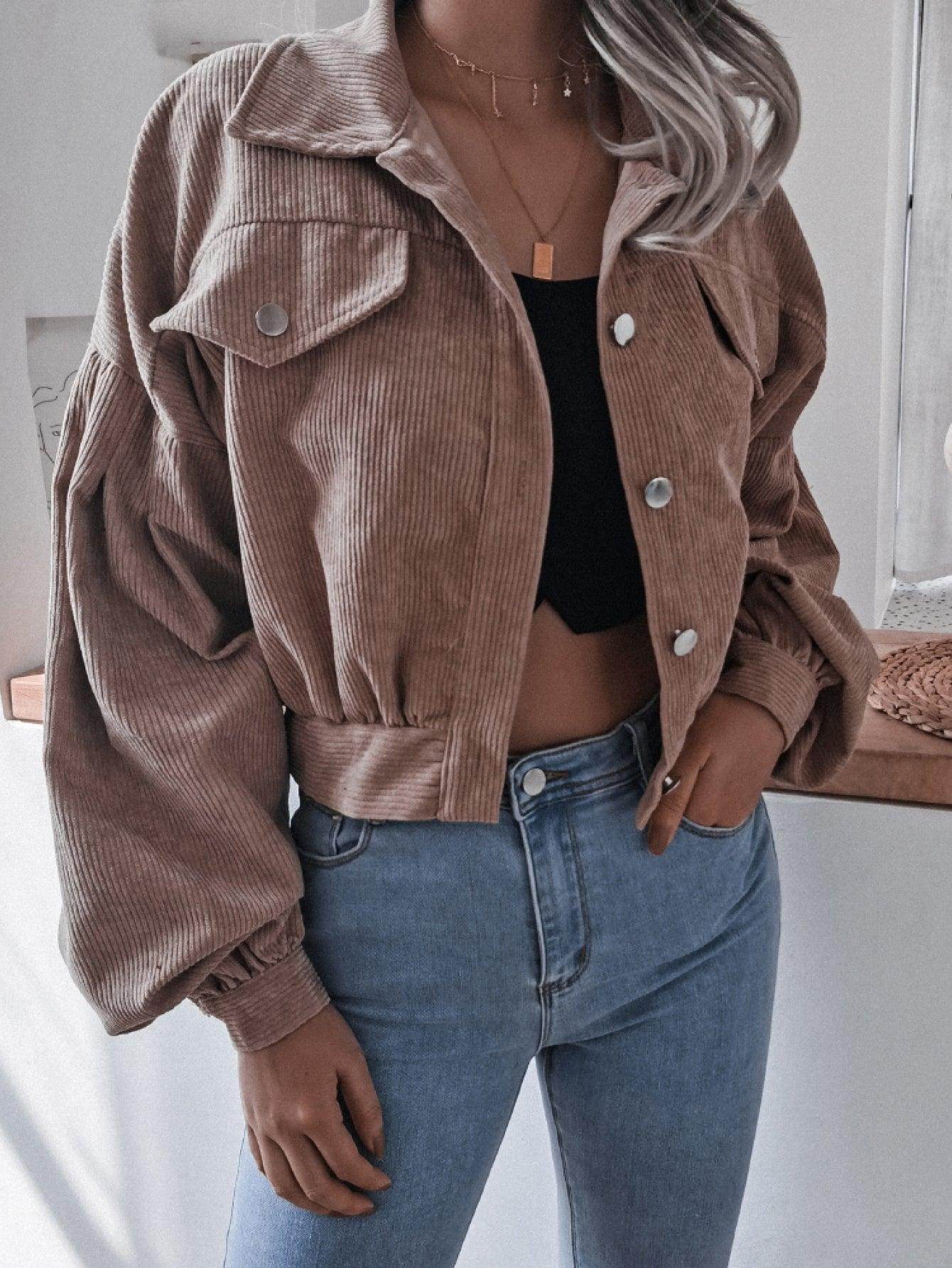 Lantern Sleeve Cropped Corduroy Jacket for Stylish Comfort - Selvanelle