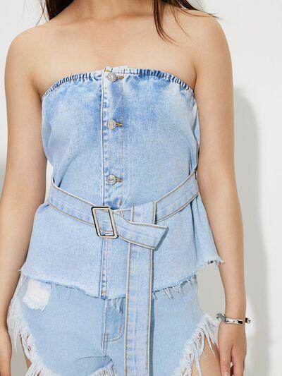 Buttoned Raw Hem Tube Denim Top for Stylish Comfort - Selvanelle