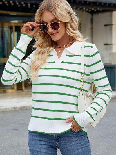 Striped Johnny Collar Long Sleeve Sweater for Women - Selvanelle