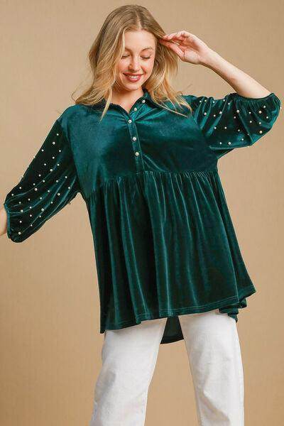 Umgee Pearl Detail Half Sleeve Velvet Babydoll Blouse - Selvanelle