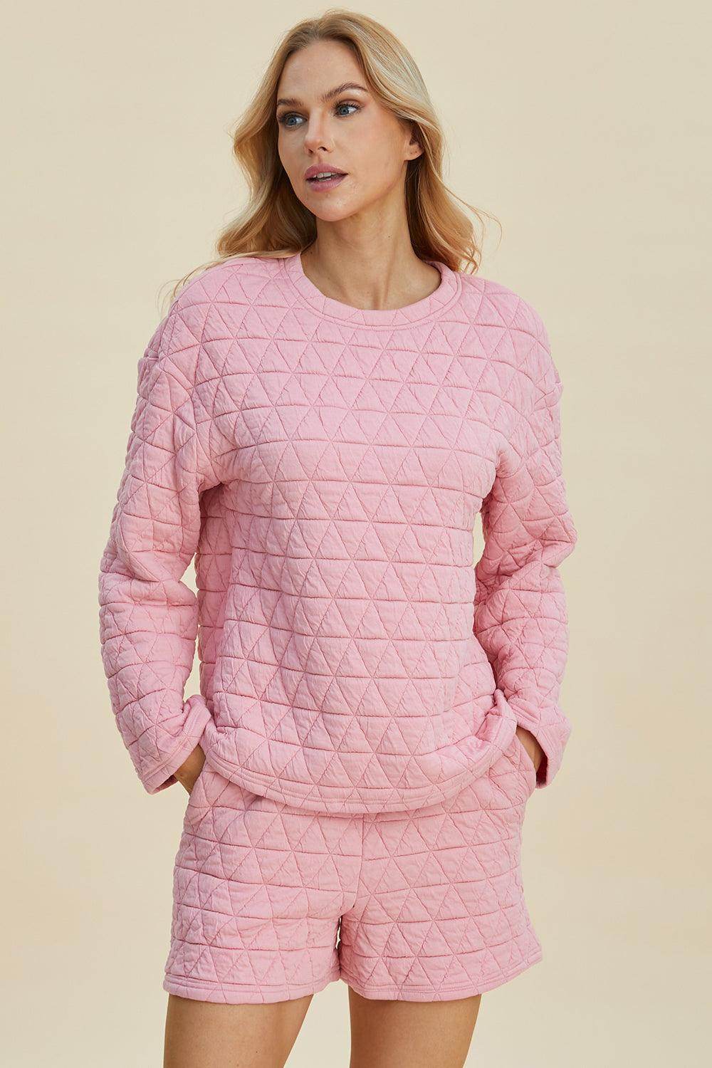 Double Take Full Size Texture Round Neck Long Sleeve Top and Shorts Set for Women - Selvanelle