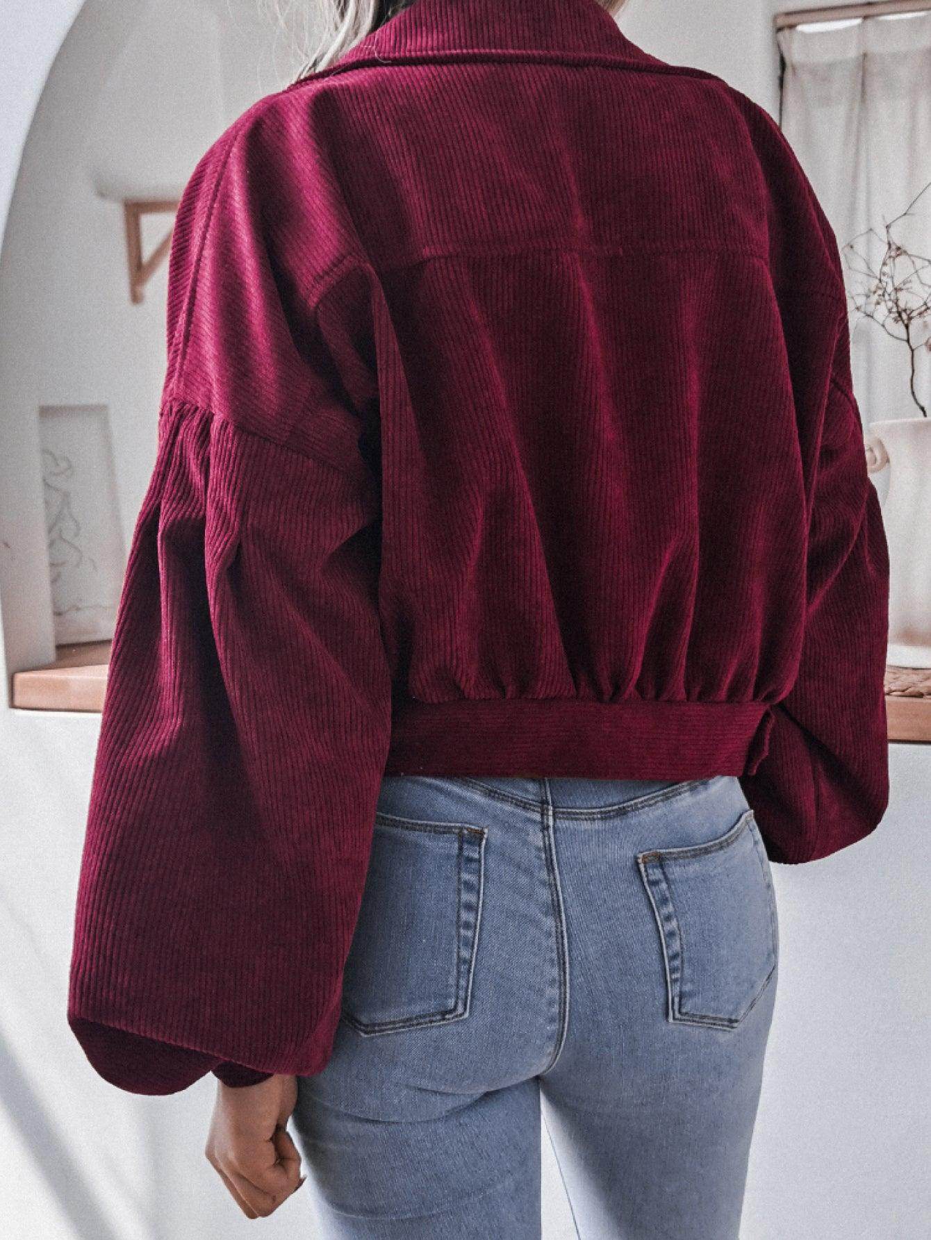 Lantern Sleeve Cropped Corduroy Jacket for Stylish Comfort - Selvanelle