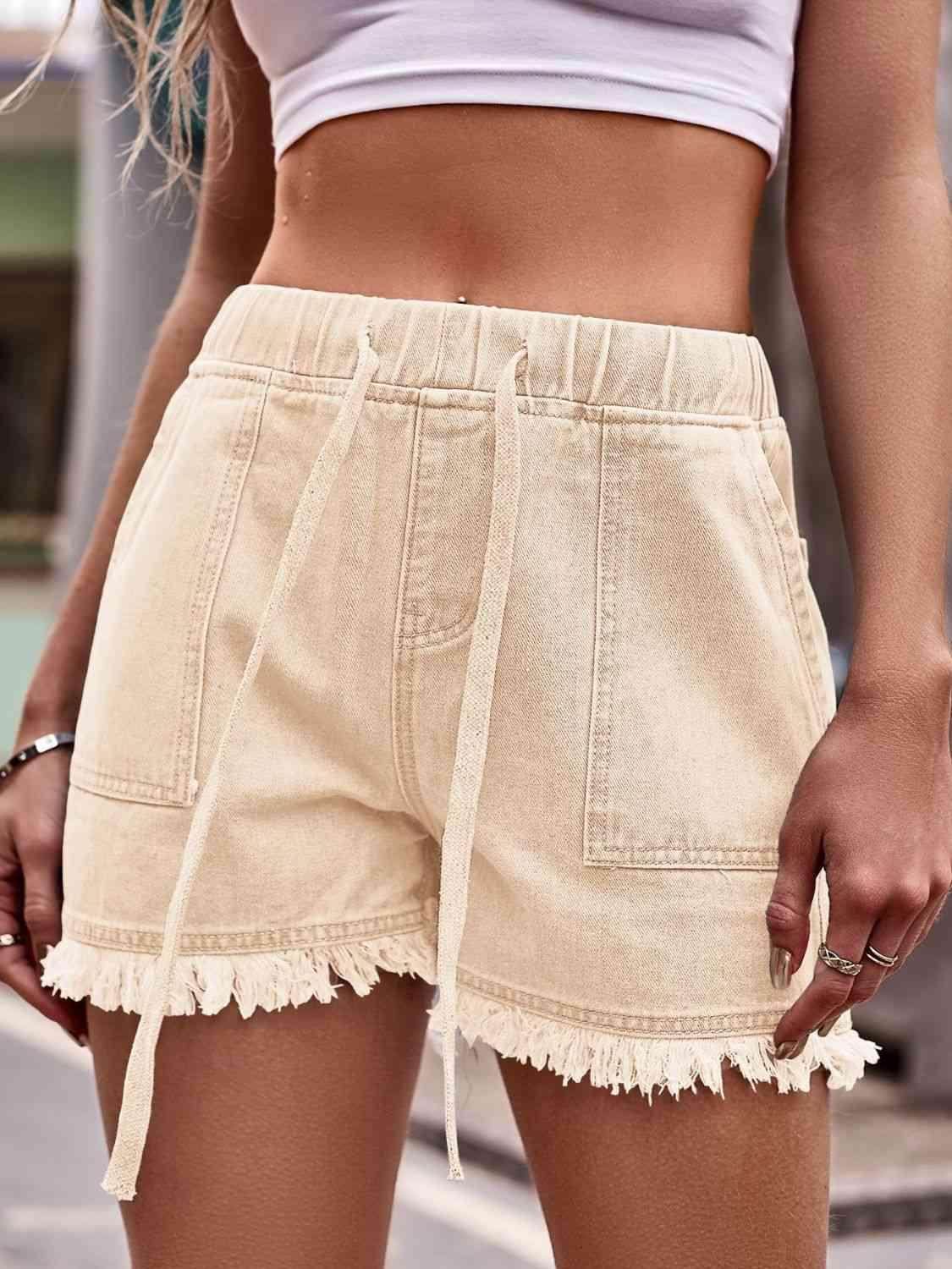 Drawstring Raw Hem Denim Shorts for Casual Chic Style - Selvanelle