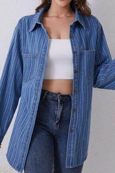 Striped Texture Collared Neck Denim Top for Effortless Style - Selvanelle
